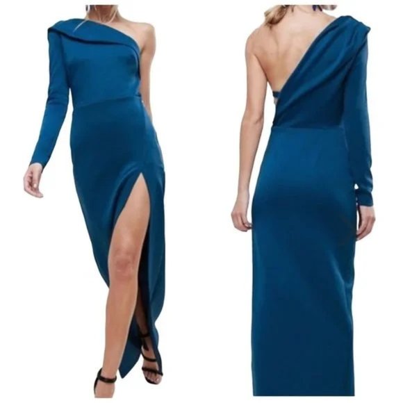 ASOS Dresses & Skirts - ASOS Blue One Shoulder Long Sleeve Thigh Split Maxi Dress Size 6 NWT